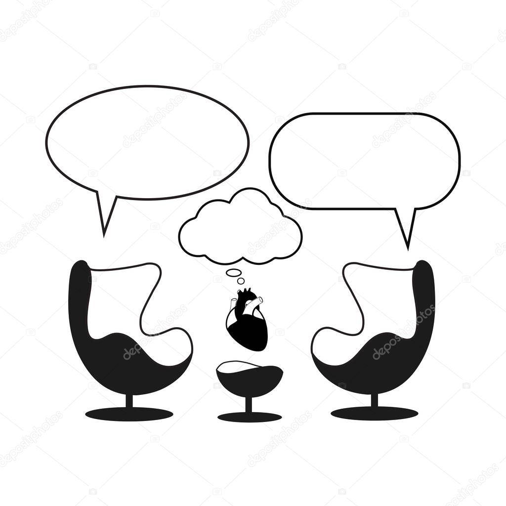 Psychotherapist session. Cabinet with  two egg design empty armchairs, heart and speech balloons. Black and white minimalistic illustration. EPS 8.- Vector