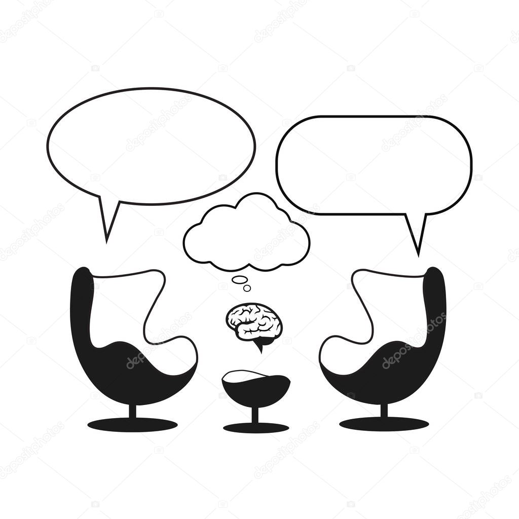 Psychotherapist session. Cabinet with  two egg design armchairs and speech balloons. Black and white illustration. EPS 8.- Vector