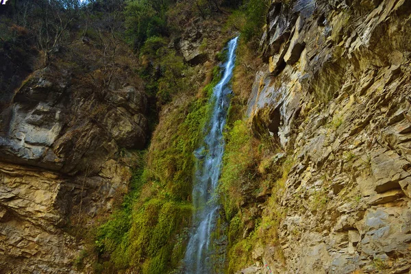 Egy kis vízesés csörgő le egy Cliffside borított buja növényzet az úton, hogy Hana Bhután. — Stock Fotó