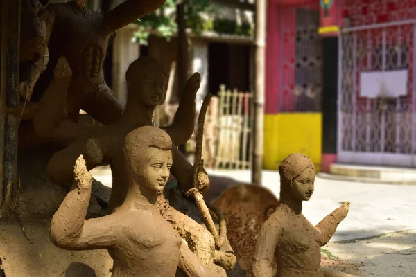 Processus Durga Puja Durga Idole Autres Idoles Faisant Avec Argile — Photo