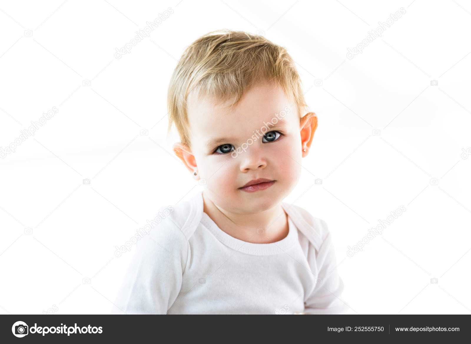 Cute Child Blonde Hair Looking Camera Isolated White Stock Photo