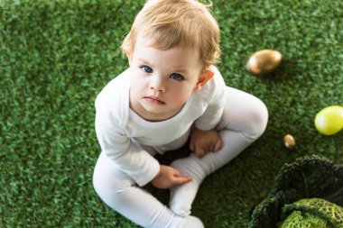 rüya gibi çocuk Ester yumurta ve Savoy lahana yakın yeşil çim üzerinde oturan ve kamera bakıyor