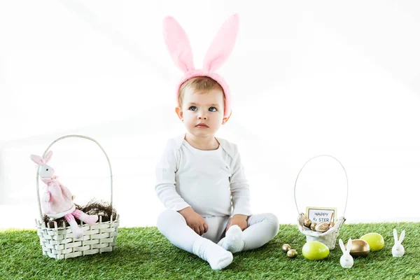 Adorable Baby Bunny Ears Headband Sitting Straw Baskets Easter Colorful — Stock Photo, Image