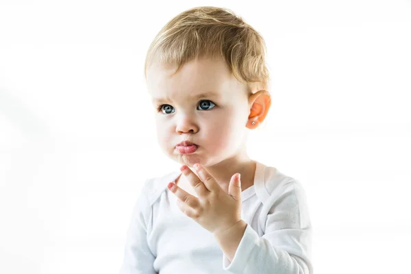 Cute Frowning Baby Blonde Hair Looking Away Isolated White — Stock Photo, Image