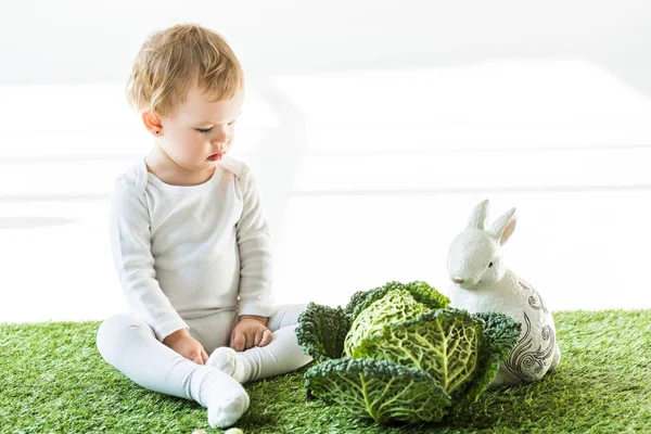 Adorable Child Sitting Green Grass Savoy Cabbage Decorative Rabbit White — Stock Photo, Image