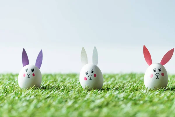 Selective Focus Eastern Chicken Eggs Funny Bunny Faces Paper Ears — Stock Photo, Image