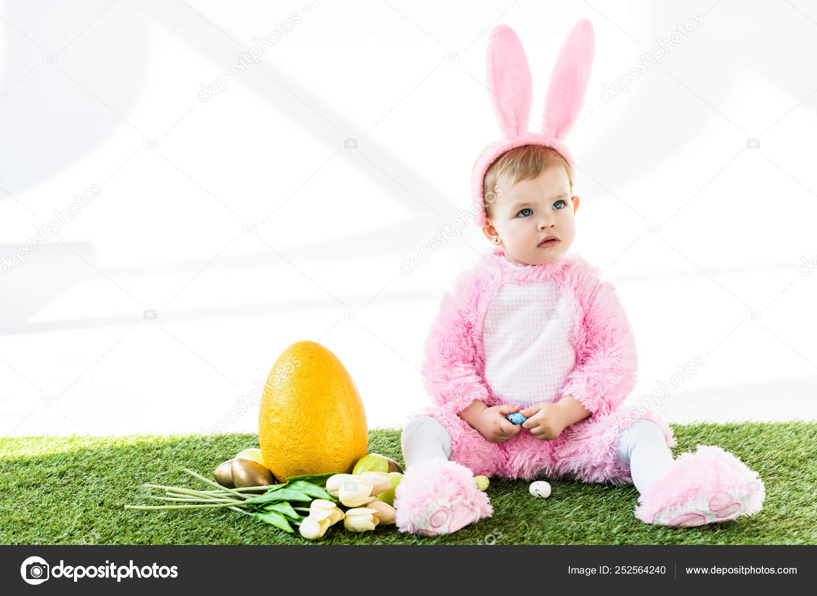 Cute Baby Funny Bunny Costume Sitting Colorful Chicken Eggs Tulips Stock  Photo by ©DmitriyAnaniev 252564240