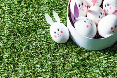 komik tavşan yüzler ve yeşil çim yüzeyinde kağıt kulakları ile tavuk yumurtası