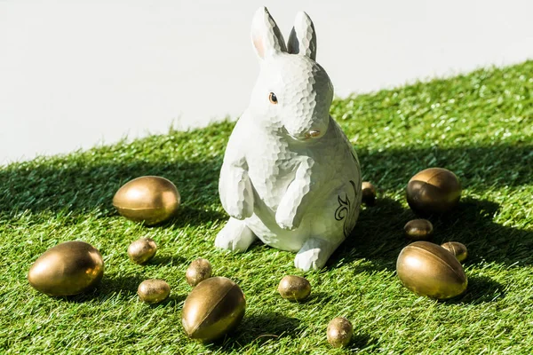 Decorative Easter Rabbit End Shiny Golden Eggs Isolated Grey — Stock Photo, Image