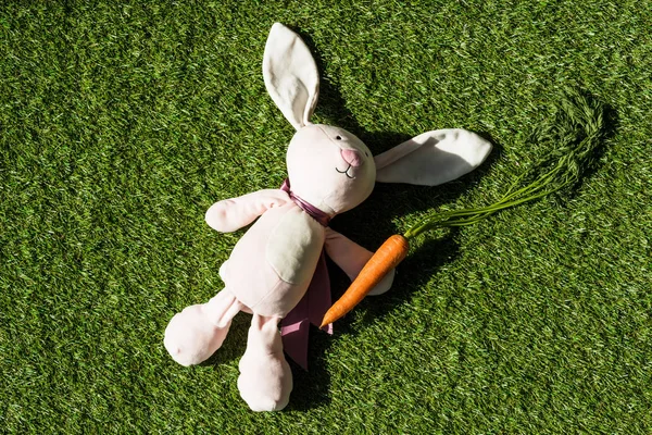 top view of toy rabbit and fresh carrot on green grass surface