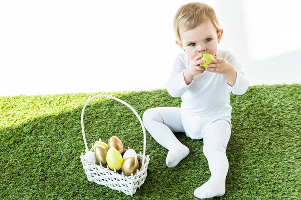 Cute Child Holding Yellow Kitchen Egg Face While Sitting Straw — Stock Photo, Image