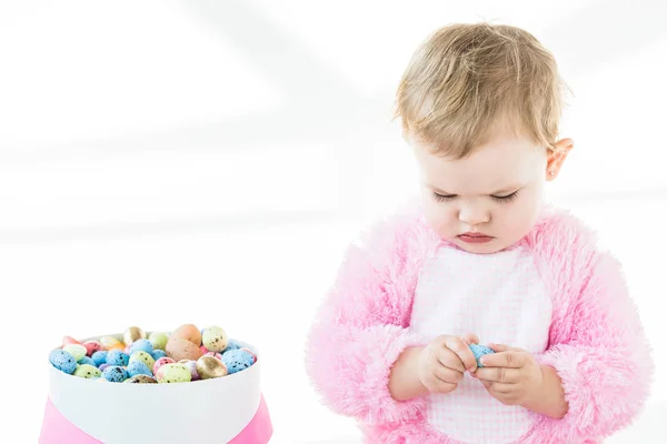 Adorable Child Pink Fluffy Costume Holding Blue Quail Egg While — Stock Photo, Image