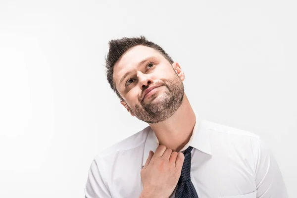 Chubby Man White Shirt Adjusting Tight Tie Isolated White — Stock Photo, Image