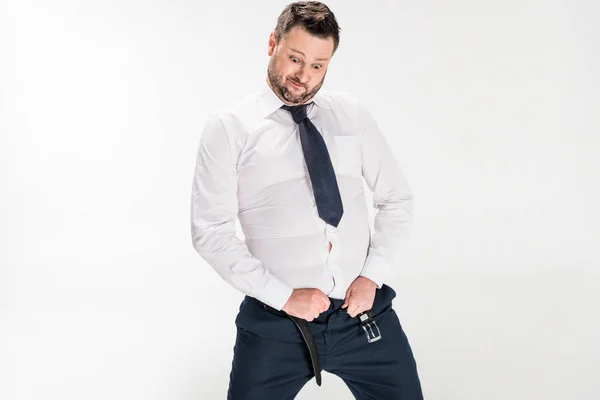 Overweight Man Formal Wear Putting Tight Pants White Copy Space — Stock Photo, Image