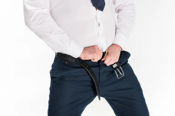 Vista Recortada Del Hombre Con Sobrepeso Ropa Formal Poniéndose Pantalones — Foto de Stock