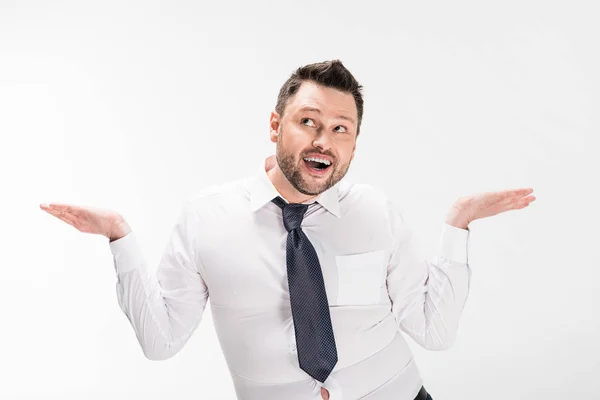 Overweight Man Tight Formal Wear Doing Shrug Gesture Isolated White — Stock Photo, Image