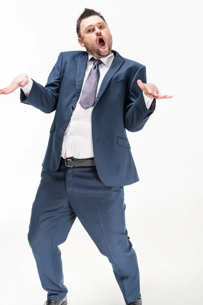 Chubby Man Suit Making Face Expression Gesturing Hands Isolated White — Stock Photo, Image