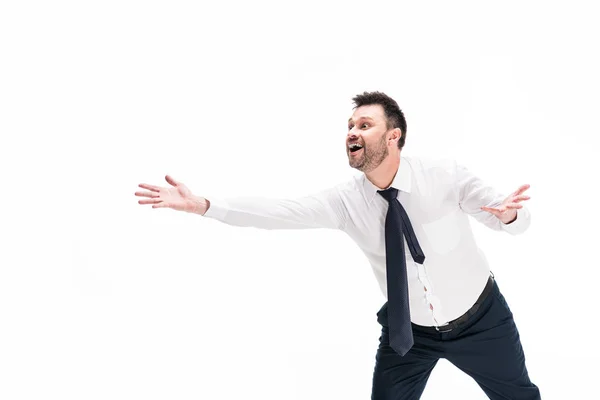 Excited Chubby Man Formal Wear Outstretched Hands Isolated White Copy — Stock Photo, Image