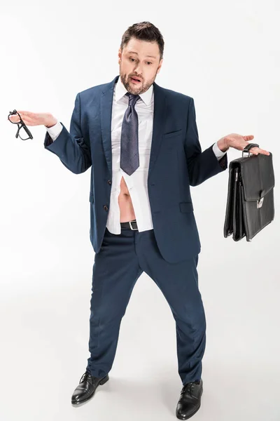 Overweight Businessman Tight Formal Wear Briefcase Glasses Doing Shrug Gesture — Stock Photo, Image