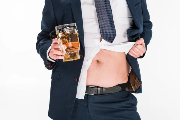 Обрізаний Вид Надмірної Ваги Людини Офіційному Одязі Тримає Келих Пива — стокове фото