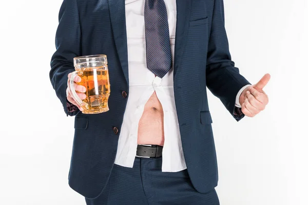 Cropped View Overweight Man Formal Wear Holding Glass Beer Showing — Stock Photo, Image