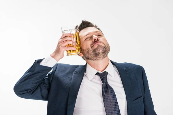 Homme Potelé Dans Usure Formelle Posant Avec Verre Bière Sur — Photo