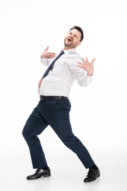 sıkı resmi giyim heyecanlı kilolu adam beyaz elleri ile gesturing