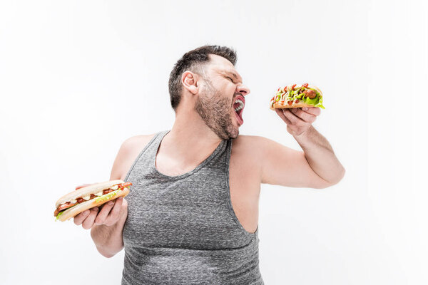 overweight man with open mouth holding hot dogs isolated on white