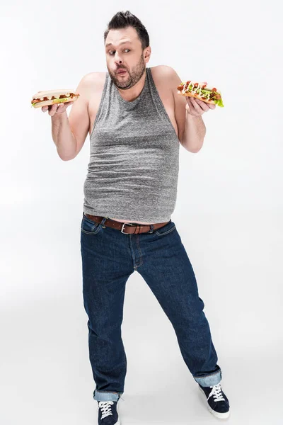 Pensive Overweight Man Tank Top Jeans Holding Hot Dogs White — Stock Photo, Image
