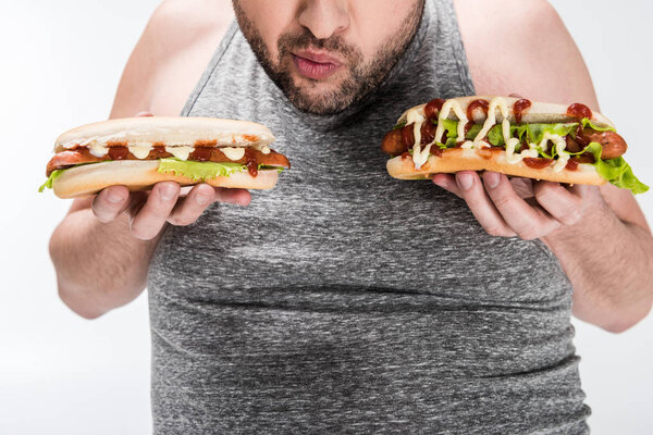 partial view of overweight man holding delicious hot dogs isolated on white