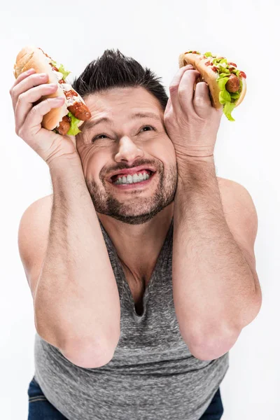 Pria Gemuk Yang Bahagia Memegang Hot Dog Terisolasi Atas Putih — Stok Foto