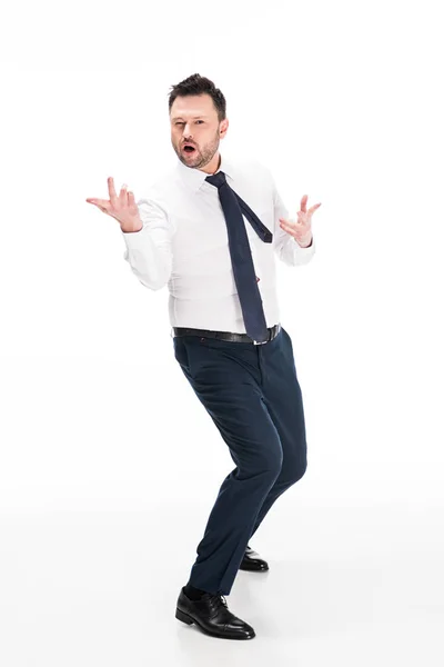 Chubby Man Formal Wear Gesturing Hands Looking Camera Isolated White — Stock Photo, Image