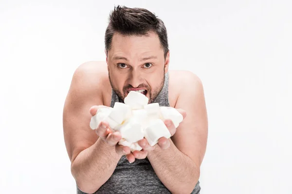 Overweight Man Holding Marshmallows Looking Camera Isolated White — Stock Photo, Image