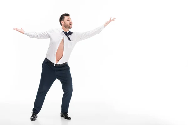Overweight Man Tight Formal Wear Gesturing Smiling Isolated White Copy — Stock Photo, Image