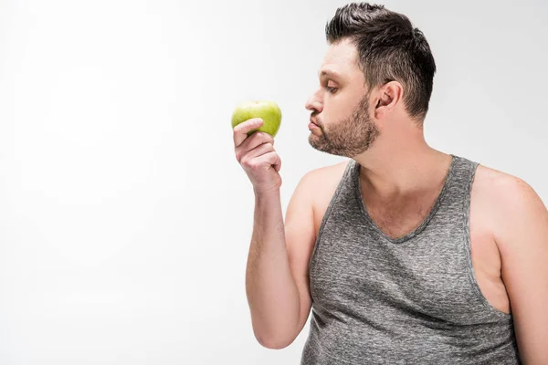 Homem Com Sobrepeso Segurando Maçã Verde Isolado Branco Com Espaço — Fotografia de Stock