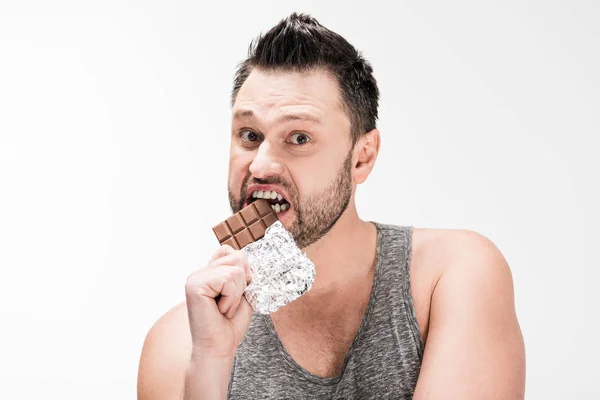 Chubby Man Looking Camera Eating Chocolate Isolated White — Stock Photo, Image