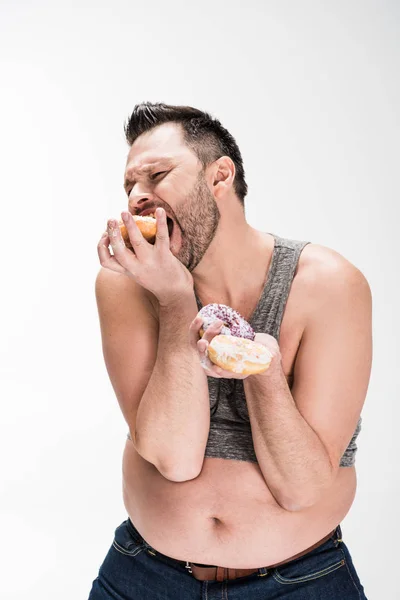 Hongerig Overgewicht Man Eten Donuts Geïsoleerd Wit — Stockfoto