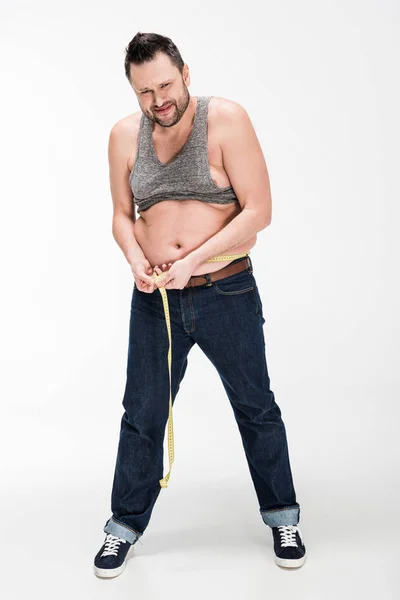 Overweight Man Looking Camera Measuring Waistline Tape White — Stock Photo, Image