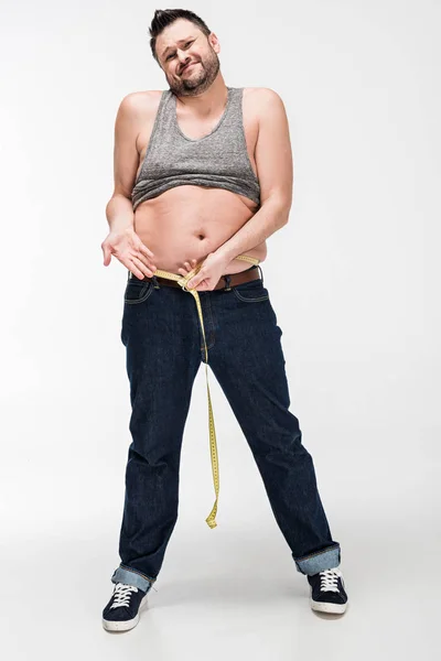Overweight Man Looking Camera Gesturing Measuring Waistline Tape White — Stock Photo, Image