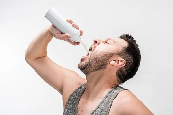 Chubby Man Grey Tank Top Spraying Whipped Cream Mouth White — Stock Photo, Image