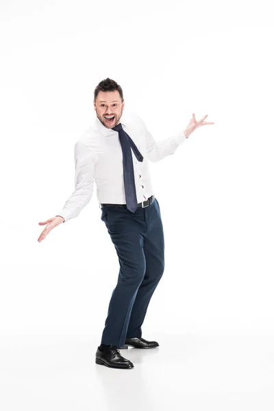 Happy Chubby Man Formal Wear Gesturing Hands Looking Camera White — Stock Photo, Image