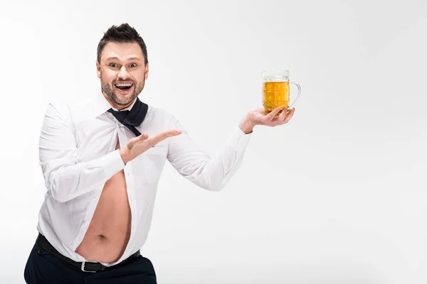 Happy Overweight Man Tight Shirt Holding Glass Beer Gesturing Hand — Stock Photo, Image