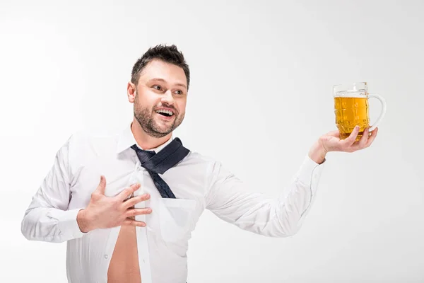 Happy Overweight Man Tight Shirt Holding Glass Beer Gesturing Hand — Stock Photo, Image