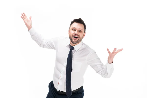 Happy Overweight Man Tight Formal Wear Looking Camera Gesturing Hands — Stock Photo, Image