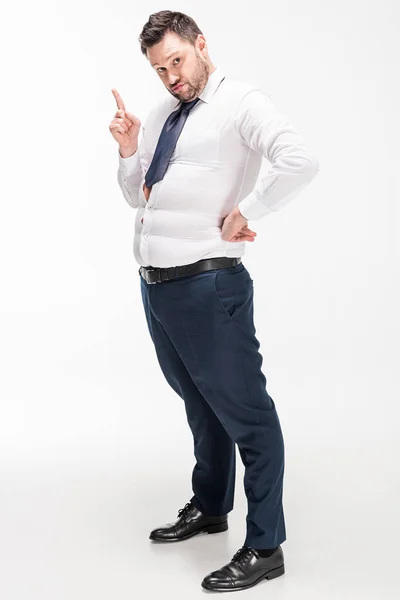 Overweight Man Tight Formal Wear Pointing Finger Looking Camera White — Stock Photo, Image