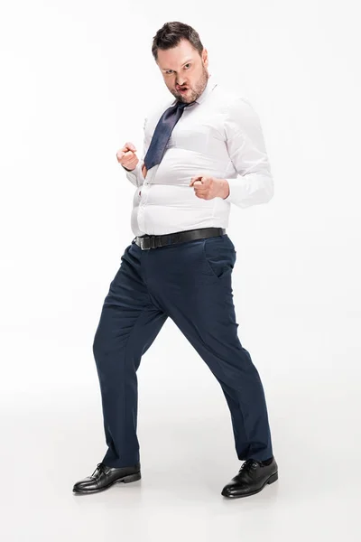 Overweight Man Tight Formal Wear Pointing Fingers Looking Camera White — Stock Photo, Image