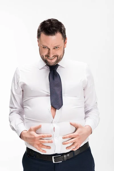 Overweight Man Tight Formal Wear Looking Camera Touching Belly Isolated — Stock Photo, Image