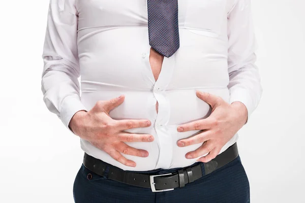 Cropped View Overweight Man Tight Formal Wear Touching Belly Isolated — Stock Photo, Image