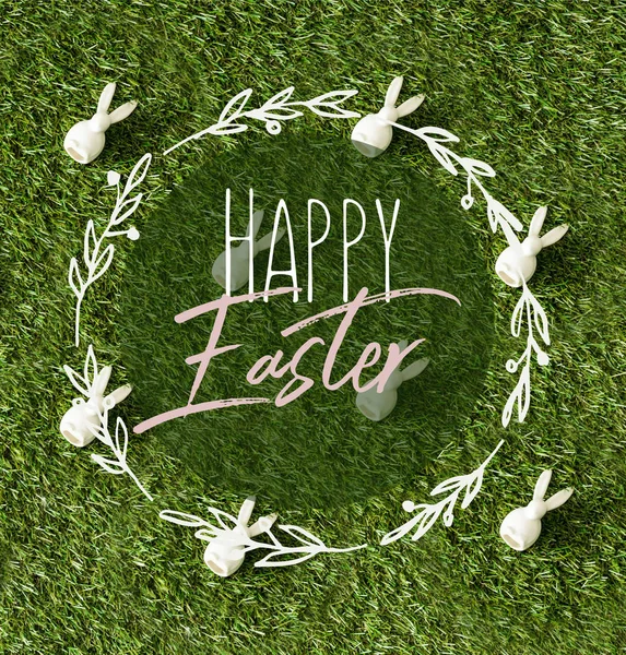 Top View Decorative Bunnies Scattered Green Grass Happy Easter Lettering — Stock Photo, Image