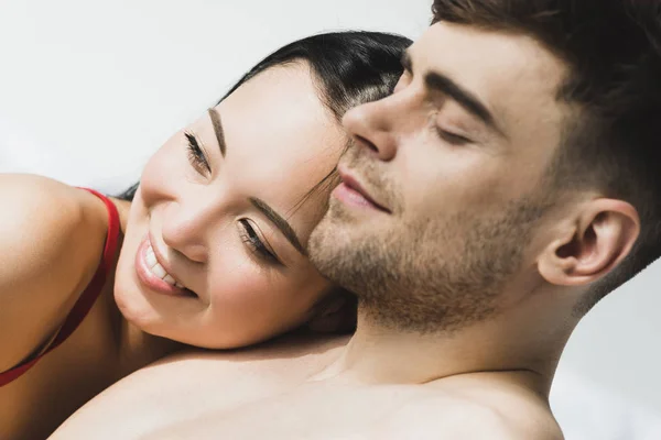 Beautiful Smiling Asian Woman Lying Handsome Boyfriend Closed Eyes — Stock Photo, Image